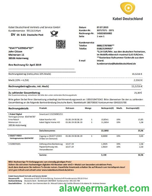 Germany TV Cabel utility bill